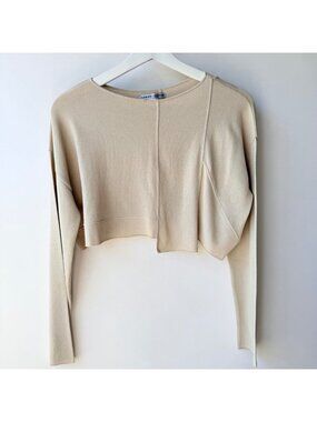 Sarah Pacini Women’s OS Beige Asymmetric Cropped Knit Sweater Long Sleeve *